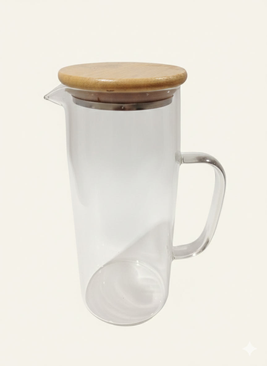 Pichel Vidrio Borosilicato Tapa Bambú Hermética Filtro 1.5L