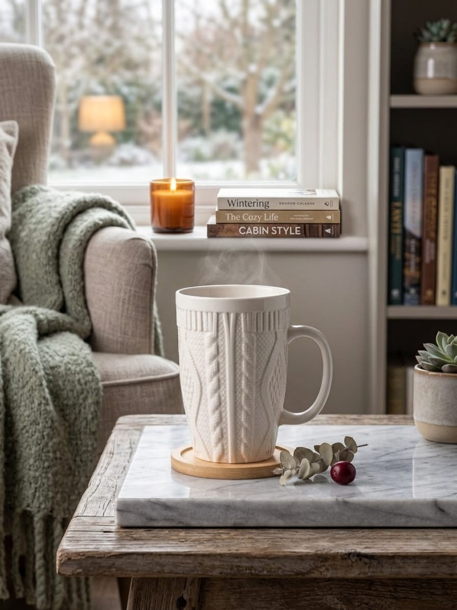 Taza de cerámica blanca con relieve tejido y posavasos de madera vimarq.com | El Salvador3