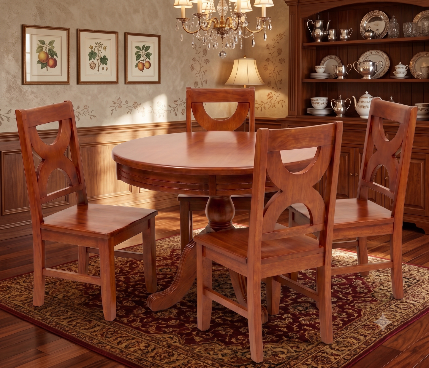 Comedor Redondo de Madera de 4 Sillas con Pedestal Clásico