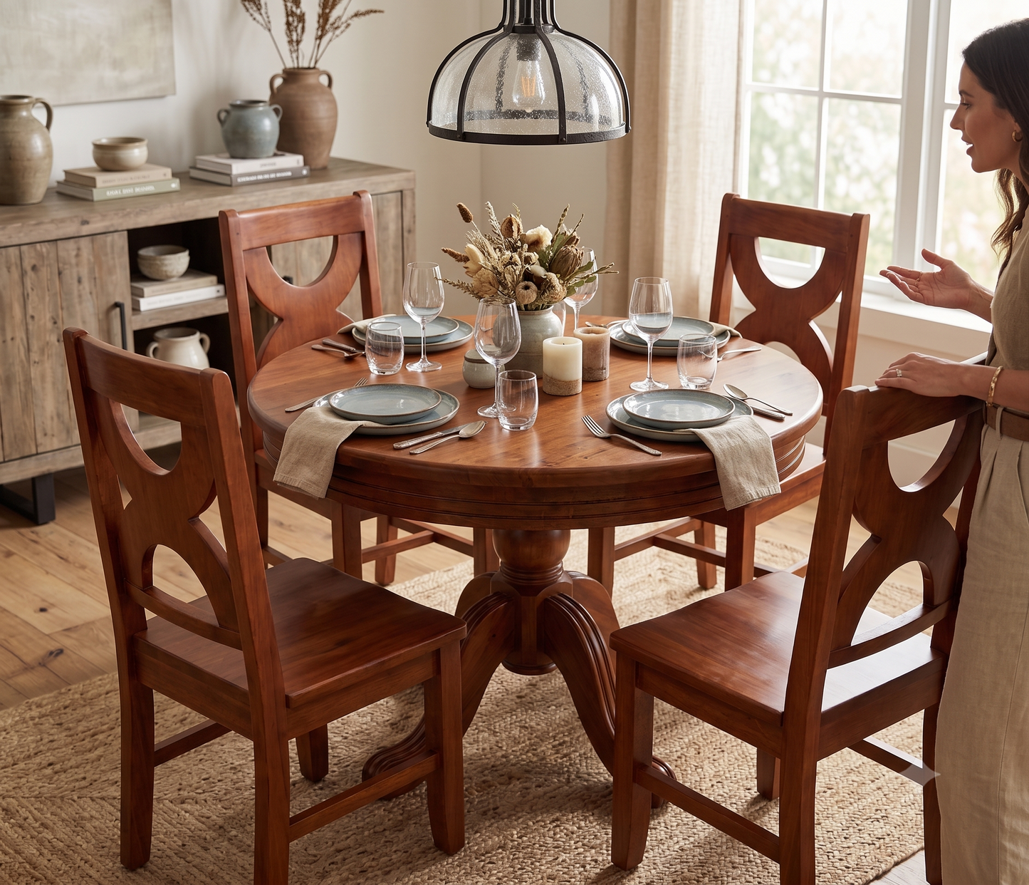 Comedor Redondo de Madera de 4 Sillas con Pedestal Clásico