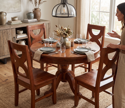 Comedor Redondo de Madera de 4 Sillas con Pedestal Clásico