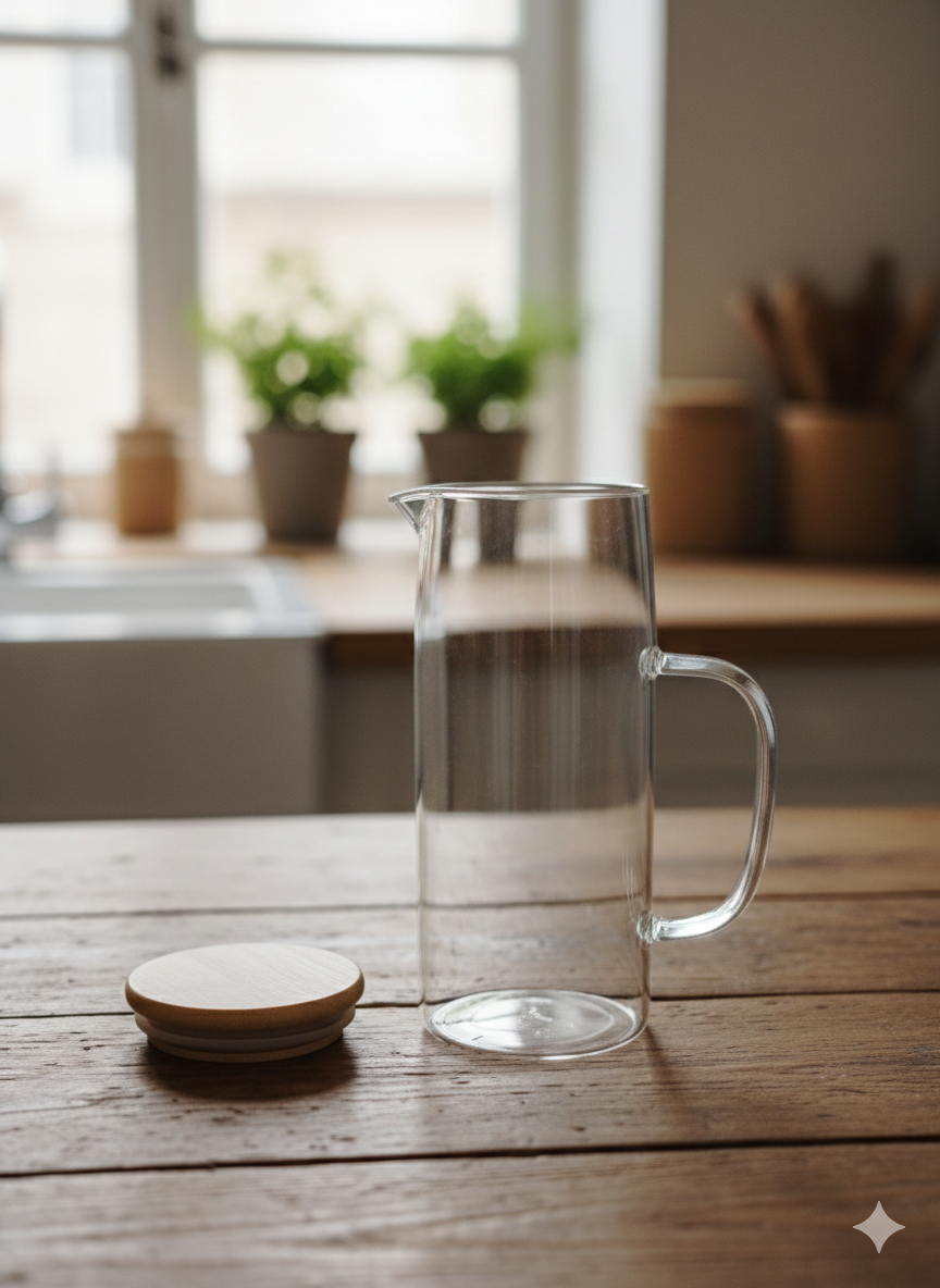 Pichel Vidrio Borosilicato Tapa Bambú Hermética Filtro 1.5L