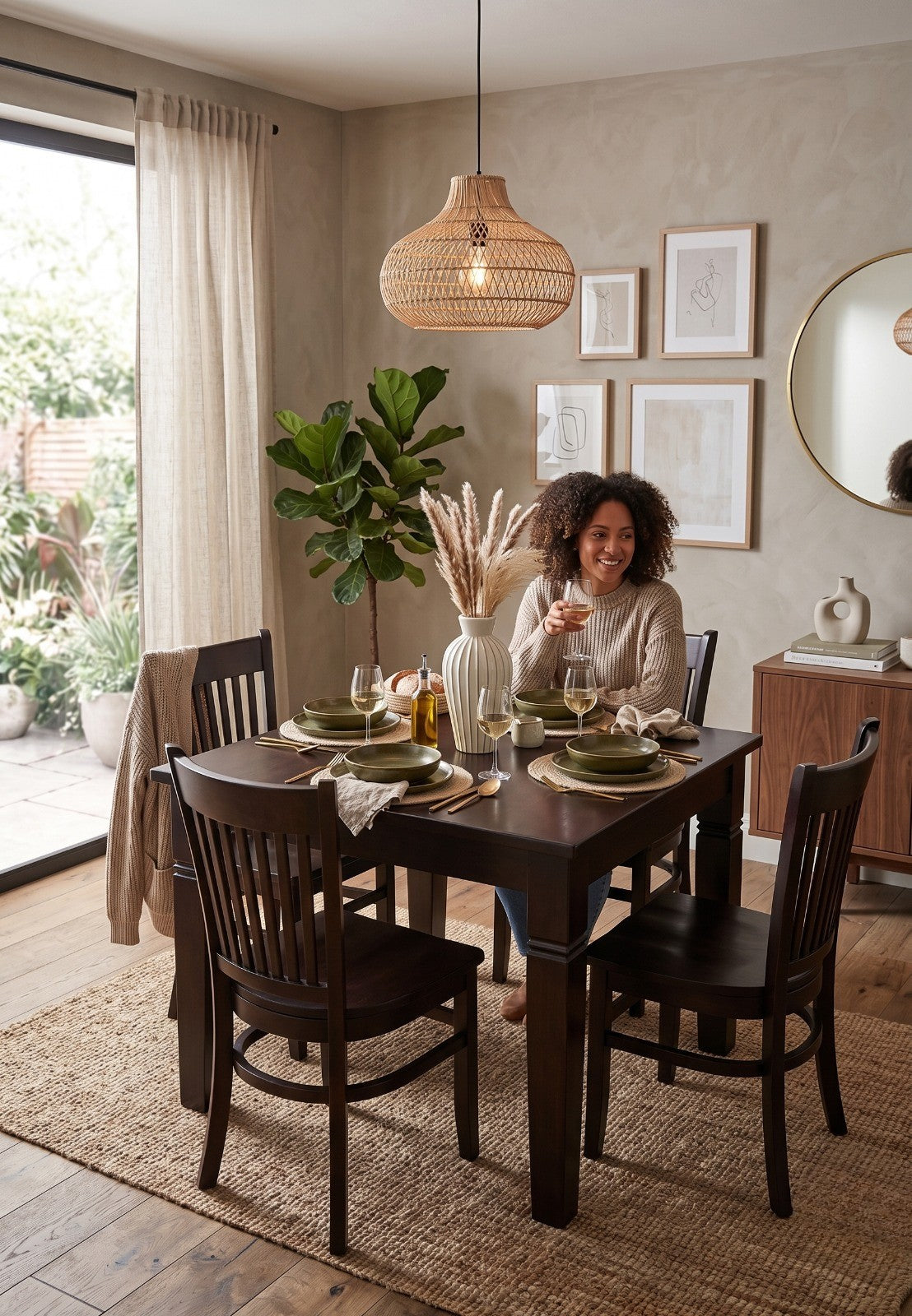 Juego de comedor moderno cuadrado de madera oscura con 4 sillas tapizadas frente a ventana - vimarq.com | El Salvador