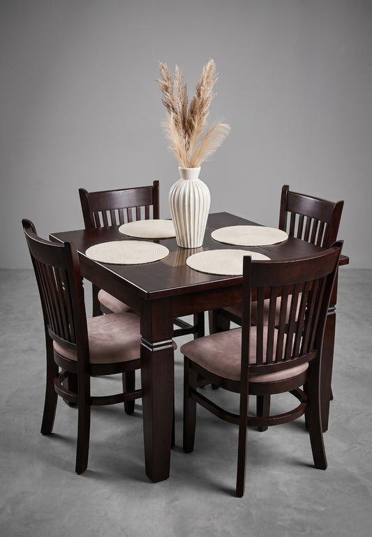 Juego de comedor moderno cuadrado de madera oscura con 4 sillas tapizadas frente a ventana - vimarq.com | El Salvador2