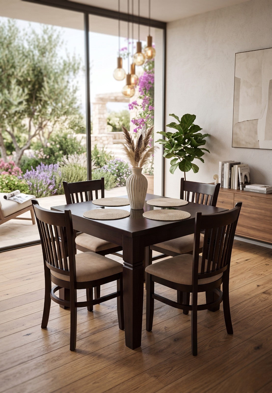 Juego de comedor moderno cuadrado de madera oscura con 4 sillas tapizadas frente a ventana - vimarq.com | El Salvador3