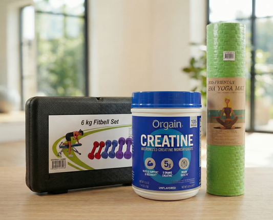 Kit Integral de Fitness en Casa: Creatina Orgain, Set de Mancuernas y Mat de Yoga Profesional EVA vimarq.com El Salvador