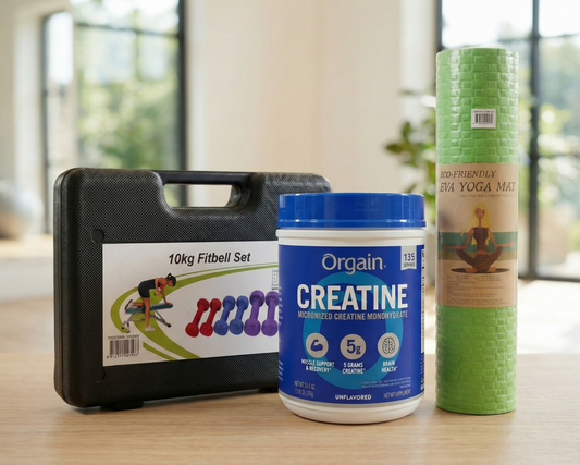 Kit Integral de Fitness en Casa: Creatina Orgain, Set de Mancuernas y Mat de Yoga Profesional EVA vimarq.com El Salvador