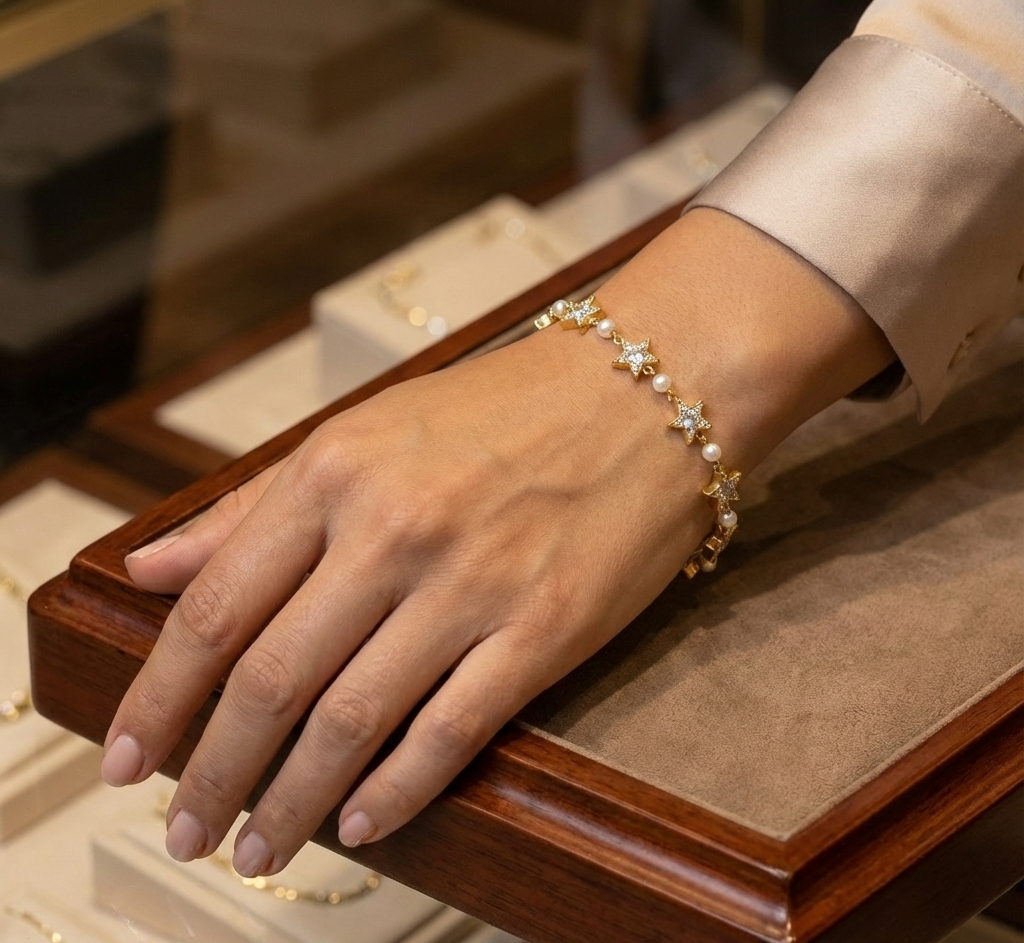 Pulsera de Acero Inoxidable Dorado Diseño Estrellas con Cristales - Hipoalergénica y Ajustable vimarq.com E Salvador