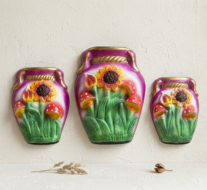 Set de 3 jarrones floreros de cerámica decorativos con relieve de girasoles y hongos coloridos, vimarq.com | El Salvador10