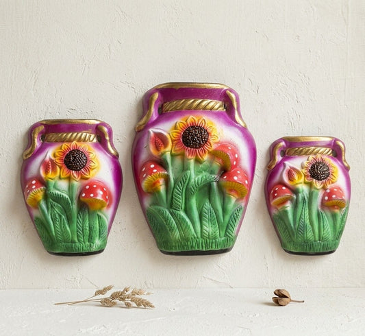 Set de 3 jarrones floreros de cerámica decorativos con relieve de girasoles y hongos coloridos, vimarq.com | El Salvador10