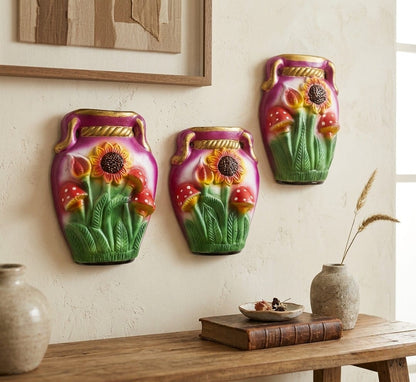 Set de 3 jarrones floreros de cerámica decorativos con relieve de girasoles y hongos coloridos, vimarq.com | El Salvador11