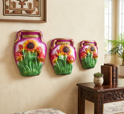 Set de 3 jarrones floreros de cerámica decorativos con relieve de girasoles y hongos coloridos, vimarq.com | El Salvador12