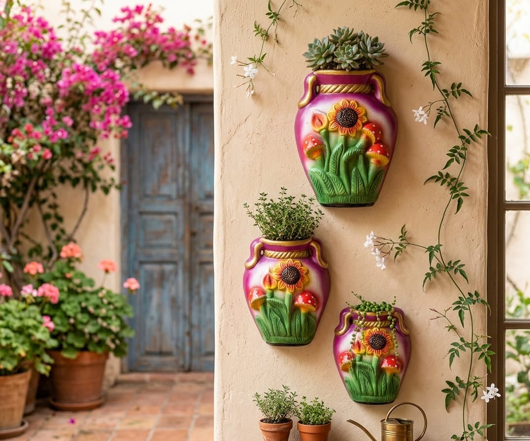 Set de 3 jarrones floreros de cerámica decorativos con relieve de girasoles y hongos coloridos, vimarq.com | El Salvador5