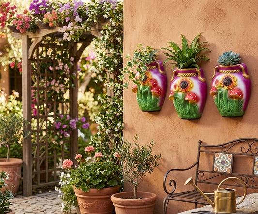 Set de 3 jarrones floreros de cerámica decorativos con relieve de girasoles y hongos coloridos, vimarq.com | El Salvador6
