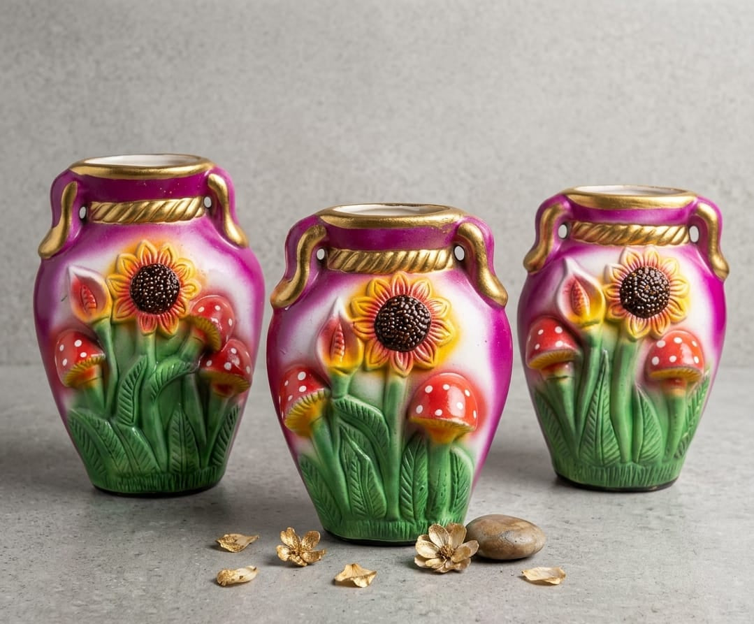 Set de 3 jarrones floreros de cerámica decorativos con relieve de girasoles y hongos coloridos, vimarq.com | El Salvador8