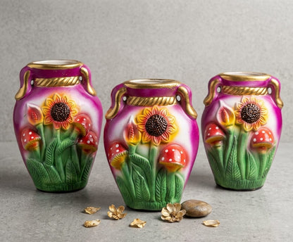 Set de 3 jarrones floreros de cerámica decorativos con relieve de girasoles y hongos coloridos, vimarq.com | El Salvador8