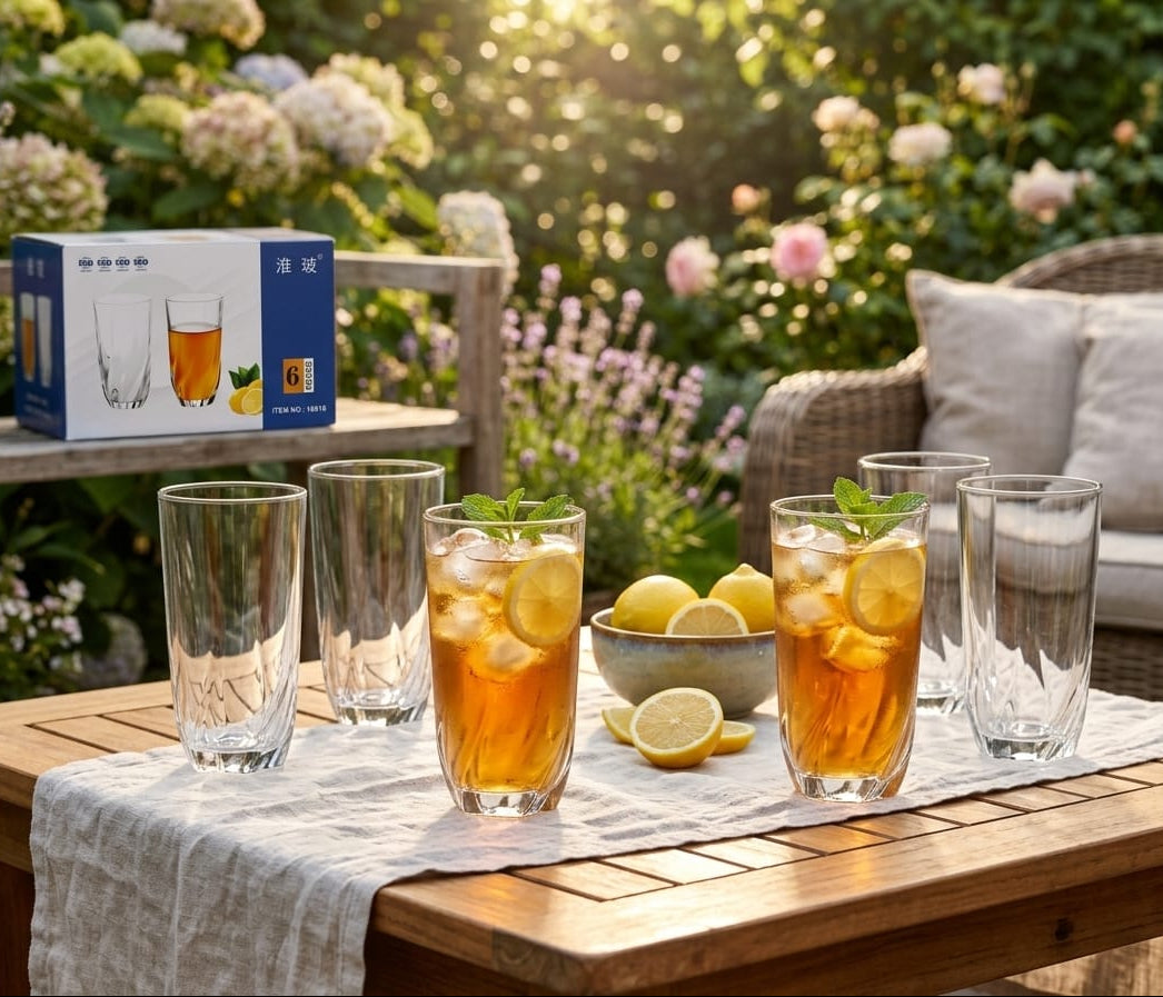 Set de 6 vasos de vidrio altos Huaibo modelo 16618 - vimarq.com | El Salvador