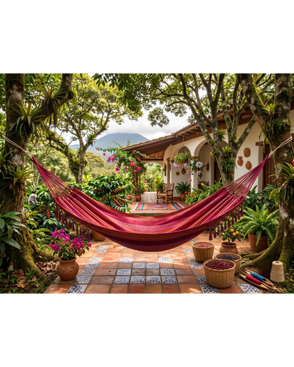 Sleek multicolored Salvadoran hammock for wholesale, woven in premium cotton, hanging outdoors