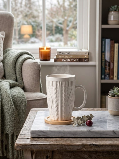 Taza de cerámica blanca con relieve tejido y posavasos de madera vimarq.com | El Salvador3