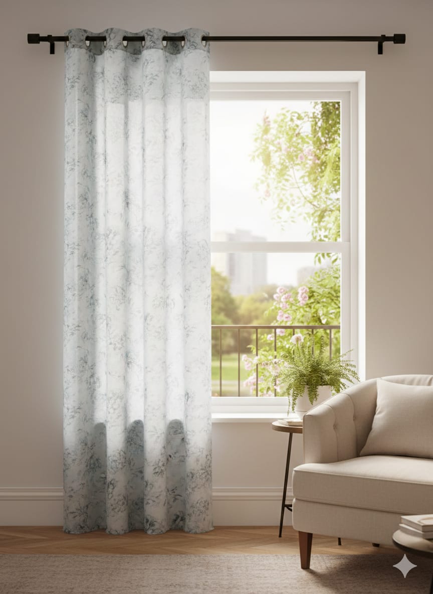 Cortina Traslúcida Floral Azul con Ojales para Sala y Dormitorio | Vimarq