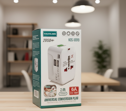 Adaptador de Corriente Universal de Viaje con Protección contra Sobretensiones y Puertos USB/USB-C