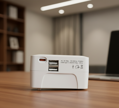 Adaptador de Corriente Universal de Viaje con Protección contra Sobretensiones y Puertos USB/USB-C