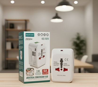 Adaptador de Corriente Universal de Viaje con Protección contra Sobretensiones y Puertos USB/USB-C