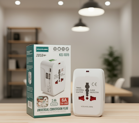 Adaptador de Corriente Universal de Viaje con Protección contra Sobretensiones y Puertos USB/USB-C