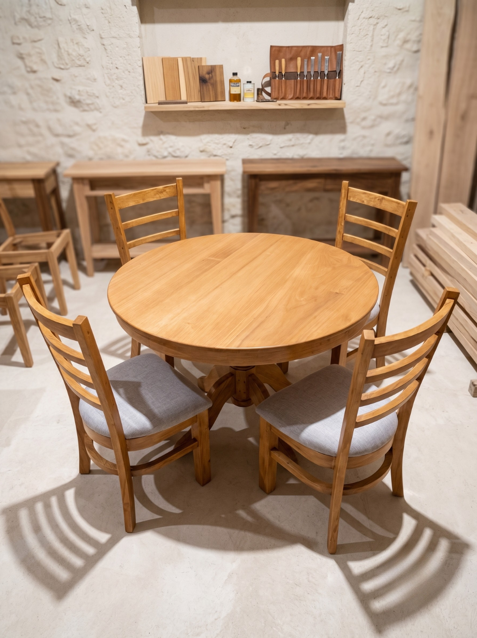 comedor-redondo-madera-4-sillas-pedestal-4-patas-vimarq-el-salvador