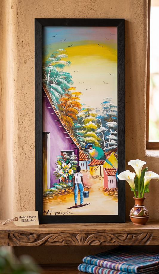cuadro-decorativo-vertical-torogoz-escena-pueblo-marco-negro-20x57-19