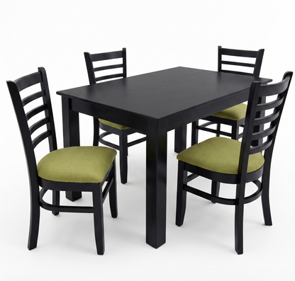 mesa-comedor-madera-oscura-4-sillas-verdes