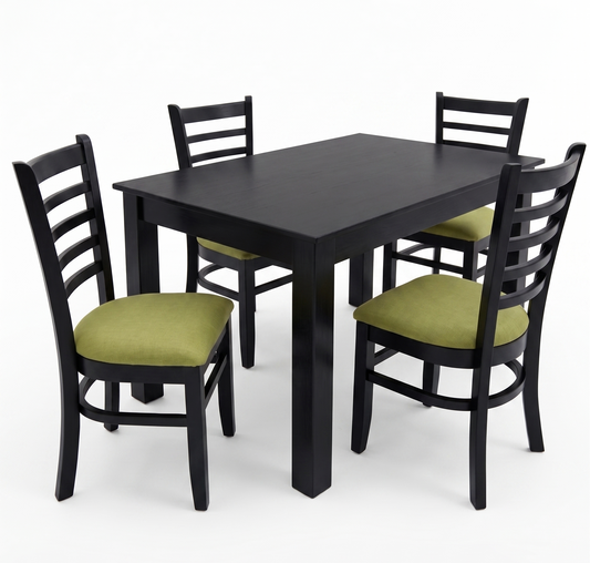 mesa-comedor-madera-oscura-4-sillas-verdes