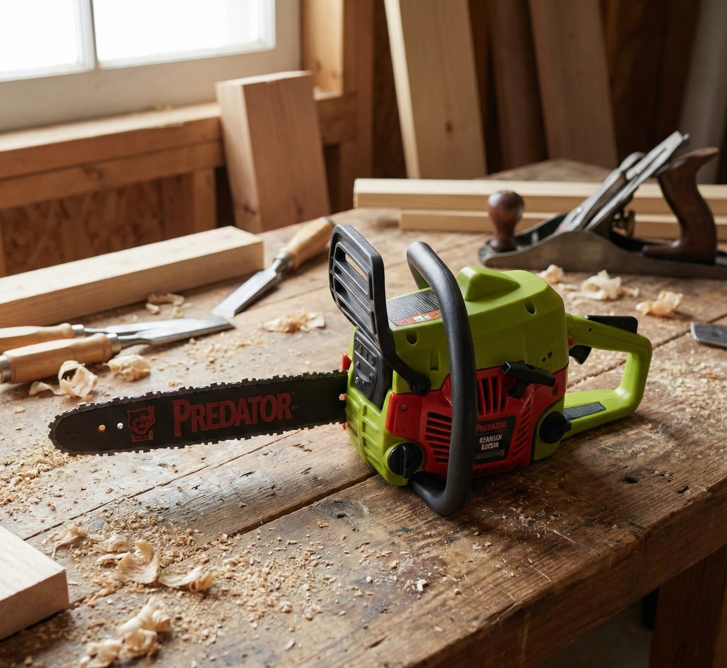 motosierra-gasolina-predator-16-pulgadas-verde-roja-cortando-tronco-bosque-vimarq.com-El-Salvador