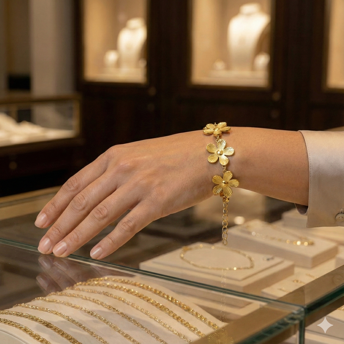 pulsera con eslabones de flores texturizadas en acero inoxidable tono dorado - vimarq.com | El Salvador